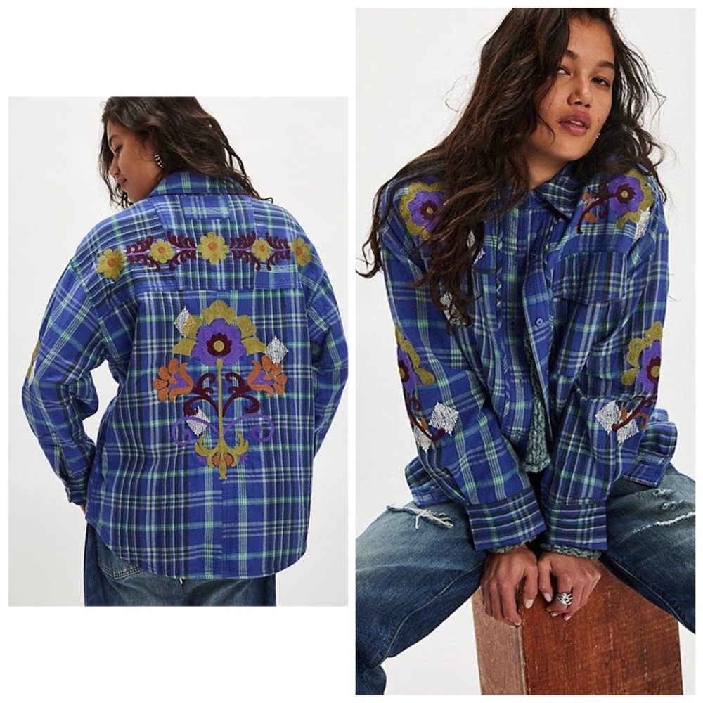 Free‎ People Embroidered Sashiko Shirt Plaid Floral Oversized Small Blue Purple